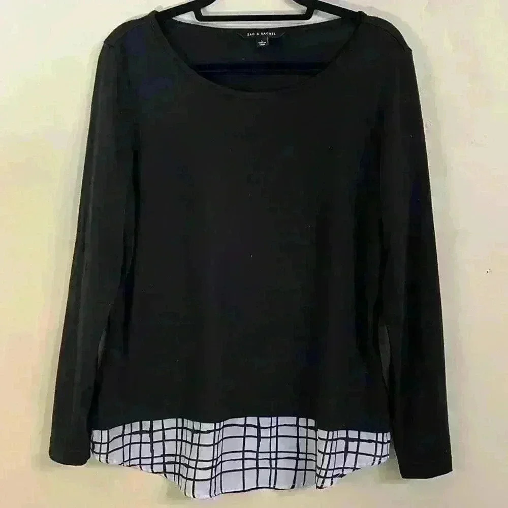 Zac & Rachel Black Long Sleeve Top With Plaid hem Detail Size L